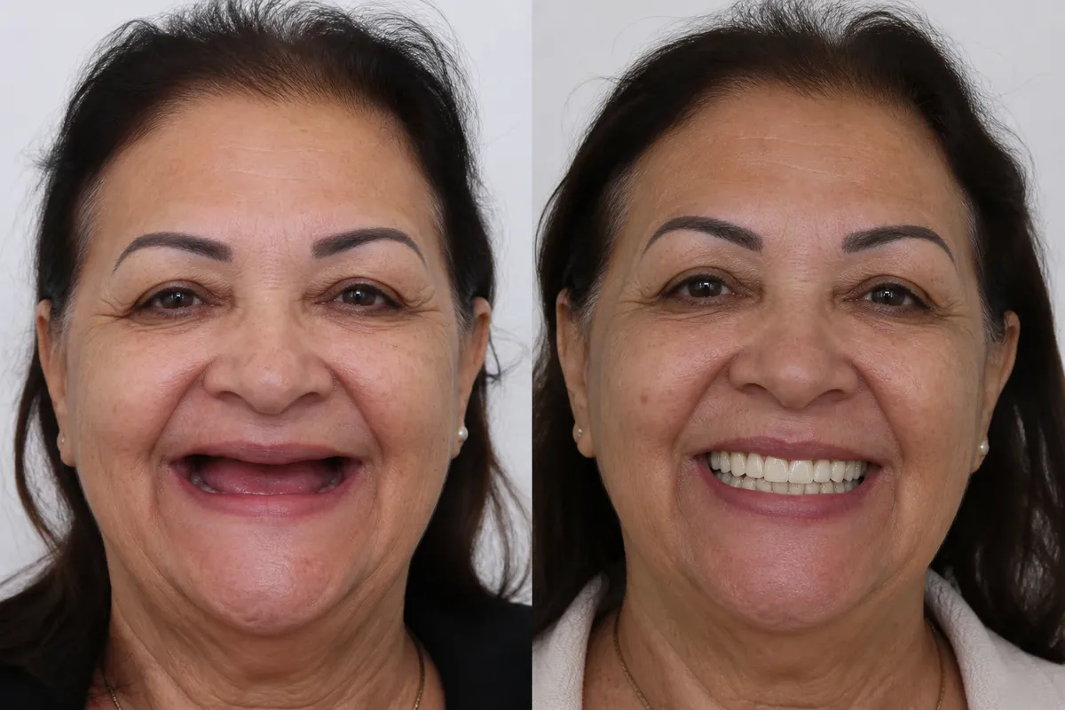 Dona Marlene, antes e depois da prótese protocolo fixa sobre implantes